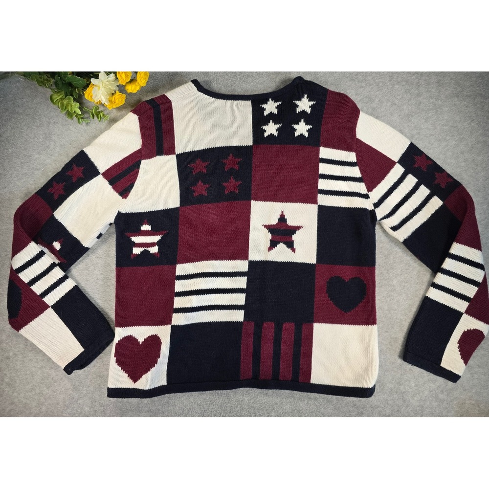 Y2K Christopher & Banks Zip Knit Cardigan Womens M USA Americana Patchwork Star - Picture 14 of 14